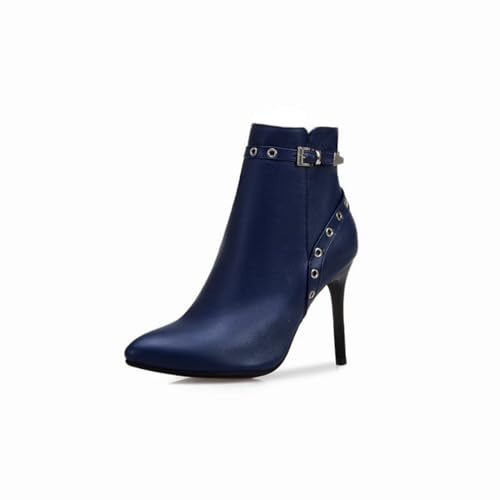 FQMAYPO Femmes Bottines À Talon Aiguille en Cuir Noir avec Fermeture Éclair Latérale Bottes d'hiver À Bout Pointu Soirée Bottines De Mode Bottes De Motard Bottes Travail,Bleu,36 EU