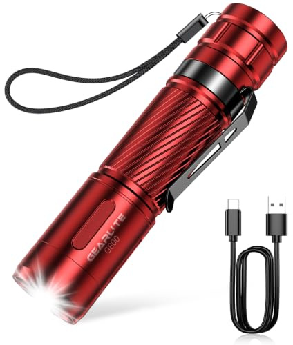 GEARLITE Lampe Torche LED Ultra Puissante Rechargeable, 2000LM Lampe de Poche Enfant Puissante Rechargeable Usb avec 3 Modes D'éclairage, IP65 Étanche Incassable Flashlight pour Camping Urgences Rouge