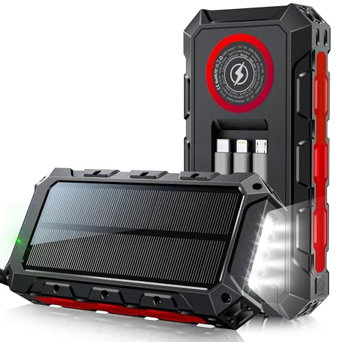 52800 mAh Wireless Solar PowerBank mit kabelloser Ladefunktion, wasserdicht, Lieferung mit 5 Ausgängen, 3 Eingängen, Taschenlampe, Karabiner, Qc 30 W und USB C Pd 20 W für Handys