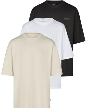 JACK & JONES Tshirt Herren Oversize Fit JJECHARGE 3er Set Pack Rundhals Kurzarm Sommer Tee Shirt Print, Größe:L, Farbe:Pack 1 (Black/White/Moonbeam)