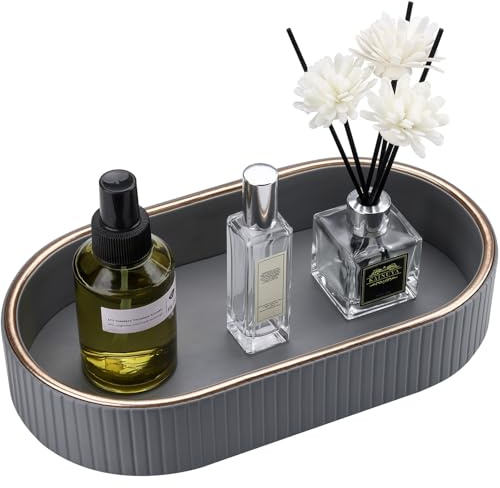 GORESE Badezimmer Tablett, Leder Oval Deko Tablett Schmuckablage Vanity Ablageschale Taschenleerer Tischtablett für Schminktisch,Seifenspender,Toilette, Badewanne, Kerzen, Küchenspüle(Grau)