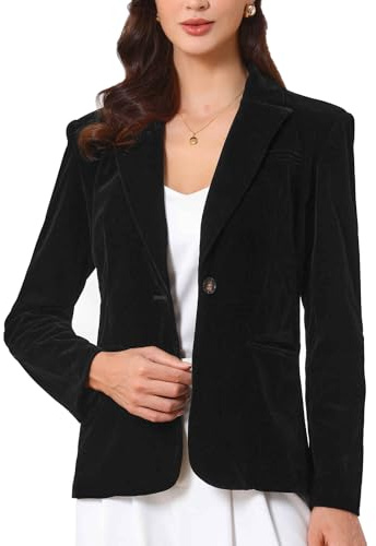 Allegra K Blazer in velluto da donna a maniche lunghe con bottoni con risvolto vintage da lavoro e ufficio con tasche, Nero , L