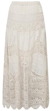 Women's Western Floral Lace Skirt Summer Boho Crochet Knit A-Line Maxi Skirts Eyelet Hippie Flowy Beach Long Skirt (A-Beige, ONE Size)
