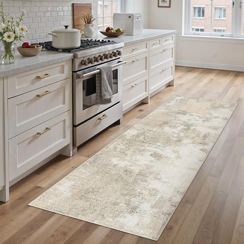 PureCozy Runner Rugs for Hallway, Beige Abstract Washable Kitchen Entryway Low Pile Soft Vintage Area Rugs for Bedroom Living Room Office, Non Slip Floor Accent Carpet for Home Deocor, 60x180 cm
