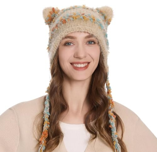 ZLYC kvinnor virkad hatt stickad katt öra slapp mössa söt vintage grunge luddig hatt, Pom Pom Randig Beige, one size