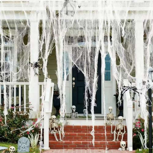 XIKTTK 2 pièces Tissus décoratifs d'halloween - 5 m x 1 m - Rideau de Porte d'horreur déco - Blanc - Toile d'araignée effrayante - décorationhalloween - décoration Halloween extérieur Interieur