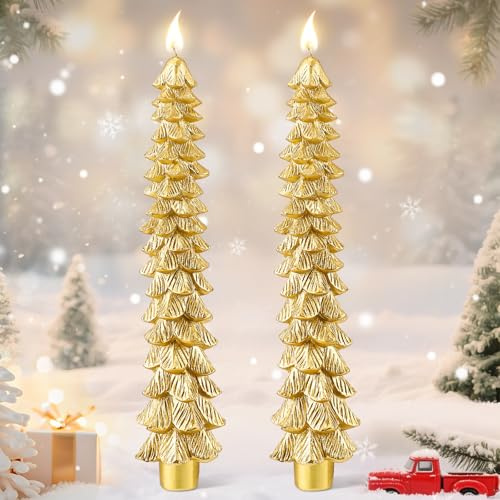 Ceoighe 2 Pcs 10 Inch Christmas Tree Candles, Premium Natural Unscented Beeswax Christmas Tree Shaped Taper Candles with Cotton Wick, for Xmas Holiday Decor Party Banquet(Gold)
