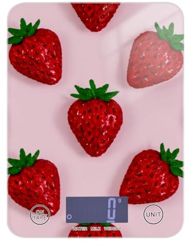 Bilancia da cucina da viaggio con display LCD a fragola rossa, 5 kg/5 g, con 4 unità per cucinare e perdere peso (batterie non incluse)