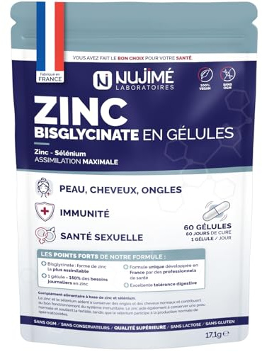 Zinc Bisglicinato 15 mg + Selenio | Máxima asimilación | Piel, Uñas, Cabello, Inmunidad, Fertilidad | 60 cápsulas veganas | Tratamiento de 6 meses | Fabricado en Francia