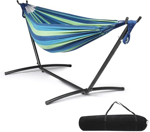Bonnlo Hängematte Outdoor,Hängematte Gestell mit ca.204 kg Tragfähigkeit,Inklusive Tragetasche,Perfekt für Indoor-Außenterrasse & Terrasse & Hof und Balkon,Höhenverstellbar (Blau-Grün)