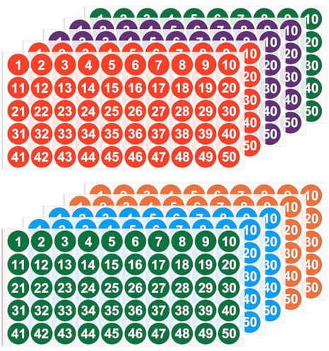 KIRZAX 500 Pezzi Etichette Numeri Adesivi,25mm Etichette Rotonde 1 a 50 Numeri Autoadesivi,Numeri Rotondi Piccoli Adesivi,Numeri Impermeabili Adesivi Adesivi,per Scuola e Ufficio (5 Colori)