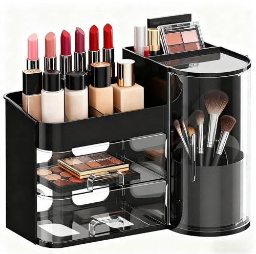 Rotating Makeup Organizer for Vanity, 360 Rotating Makeup Brush Holder, Makeup Holder, Skin Care Organizer, with a Transparent Lid and Drawers, Ideal for Makeup Brushes, Perfumes and Cosmetics(Black)