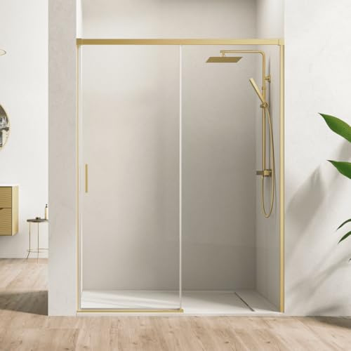 Mampara Ducha Frontal 1 puerta 1 fijo Corredera | Vidrio Templado 6mm Antical Transparente | Altura 195cm |Perfil Oro 185 cm (Adaptable 179-184cm)