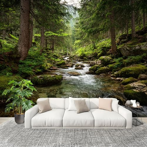 Mural Papel Pintado 3D 200x140cm PatróN De MontañA Y Arroyo Fotomurales Tejido No Tejido Antiarrugas Póster Verde Murales Fotográfico Moderno Decoración de Paredes
