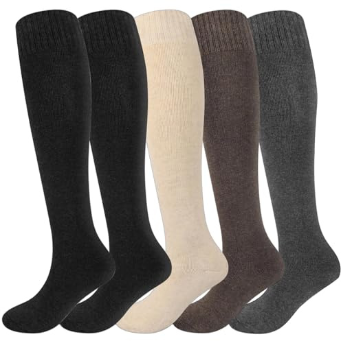 EUDUQ 5 Paar Damen Kniestrümpfe,Dicke Warme Overknee Strümpfe mit Fleece,Thermo Stricksocken Lange Socken für Winter,Komfortable Knee High Socken für Alltag,Outdoor und Sport 35–42