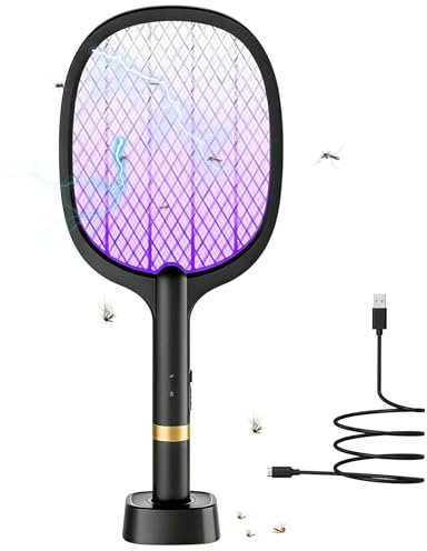 Elektrische Fliegenklatsche 5000V, 2000mAh Batterie Fliegenklatsche Elektrische Extra Stark,2 in 1 USB C mit Akku Aufladbar Elektro Mückenklatsche mit UV Lichtfalle für Fliegen, Mücken,Wespe, Motten