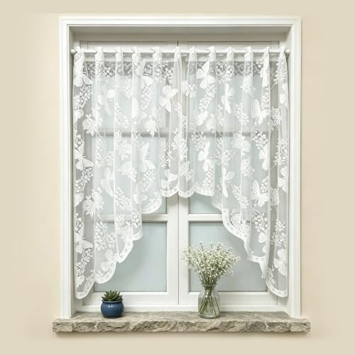 Quorumsg Cortinas de Encaje, 160 x 100cm Visillos Cortos de Encaje Floral, Poliéster Translucidas Cortinas Dormitorio, para Dormitorio, Salón, Cocina, Puerta de Balcón(Blanco)