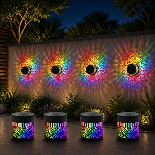 JIABAOZ Luci Solari Esterno Mandala Cambio Colore, Proiettore da Parete Solare Impermeabile in Metallo, Lampada Decorativa per Recinzione, Giardino, Patio, Terrazzo (2pcs)
