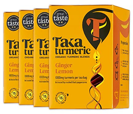Taka Turmeric Organic Lemon Ginger Turmeric Tea, 4 x 15 Tea Bags | 1000mg organic Indian turmeric in every tea bag, activated by crushed black peppercorns. Great Taste award winner.