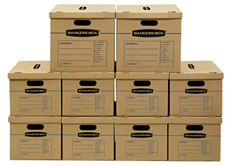 Bankers Box Classic Moving Box 10 Pack Kit, Reinforced Handles, Tape-Free Assembly, Box with Lid, 8 Small and 2 Medium Boxes (8816901)