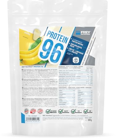 FREY Nutrition PROTEIN 96 (Banane, 500 g) Ideal für kohlenhydratreduzierte Diätphasen und als Zwischenmahlzeit - Hoher Caseinanteil - low carb - Made in Germany