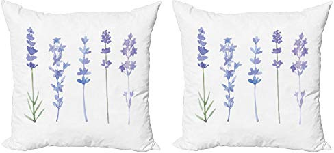 Ambesonne Lavender Throw Pillow Cushion Cover Pack of 2, Watercolor Florist Art Style Herbs Fresh Rural Field Gardening Theme, Zippered Double-Side Digital Print Decor, 18, Lavender Lilac and Green