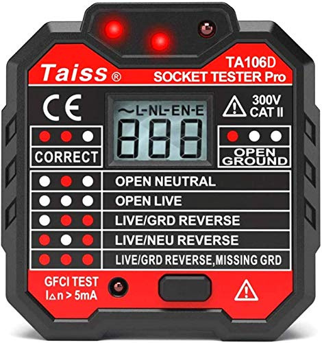 Taiss/Stromprüfer,Steckdosenprüfgerät mit Spannungsanzeige LCD Display 48-250V Automatischer Stromkreis Polaritätsspannungsdetektor Wandstecker Unterbrecher TA106D