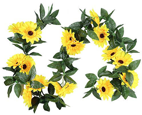 KostaTech Ghirlanda Di Girasoli Artificiali 2pezzi,Girasoli Finti per Decorazioni Ghirlanda Fiori,Girasoli Artificiali Vite Piante da Appendere per Matrimoni Casa Giardino Esterni,2.25 meters