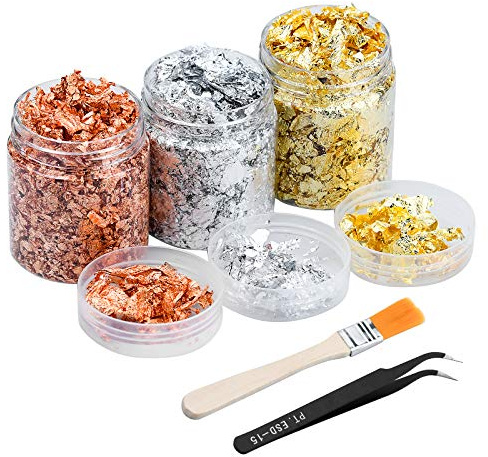 TDDL 3 latas de Oro Flakes Hoja Oro Copos Decorativos de Resina epoxi, Copos de Oro, imitación metálicos, con Pincel, Pinzas para Pintar artesanías