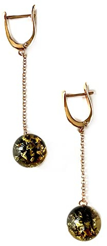 Hängeohrringe Bernstein Sterling Silber 925 Bernstein Kugel mit Kette, stilvolle lange Ohrringe Silber 925 mit Bernstein Kugel (Grün in Rose Gold vergoldetem Silber 925)