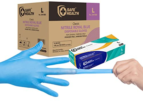 Safe Health Nitrile Disposable Gloves, Latex Free, Powder Free, Blue, Case of 1000, Large, Textured, 3.5 mil, Industrial, Food, Janitorial, Tattoo, Law Enforcement, Pet Care, Servoce, Cleaning