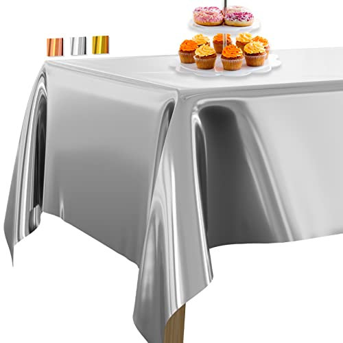 PartyWoo Mantel de Papel de Aluminio Plateado, 137 x 274 cm/54 x 108 Pulgadas, Rectangular, Lavable, para Mesa de 6 a 8 pies, Plástico Mantel Impermeable para Fiestas, Cumpleaños, Bodas (1 Unidad)