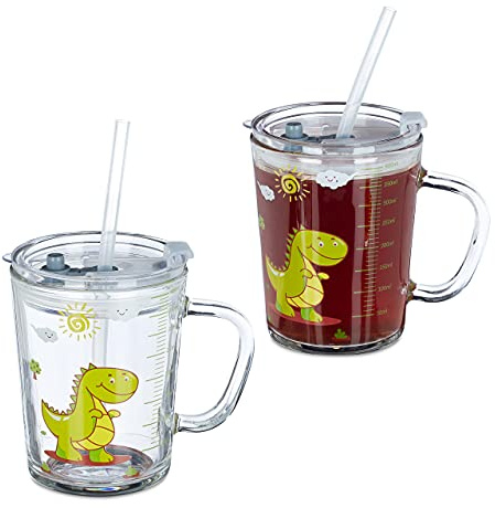 Relaxdays Tasse enfant, lot de 4, motif dinosaure, verre avec poignée, couvercle et paille, échelle 400 ml, transparent