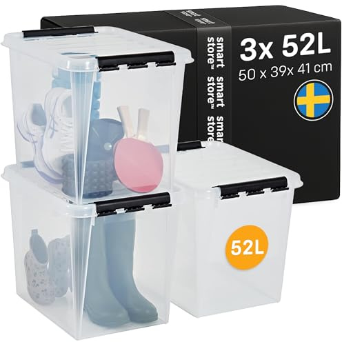 SmartStore 52 L genomskinliga förvaringslådor i plast med lock, 3-pack, förstärkta, 10 års garanti, livsmedelssäker, clips, stapelbara och modulära, BPA-fri L50 x B 39 x H 41 cm, Klar, 3542070RP