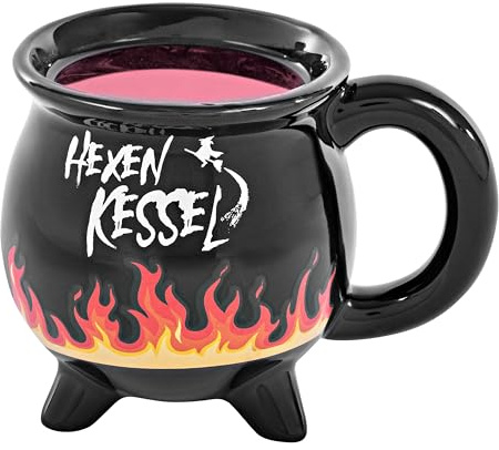 ootb Hexenkessel Tasse mit Farbwechsel-Effekt, Keramik, 400 ml | Zaubertasse in Kesselform – Flammendekor erscheint bei Wärme, inkl. Geschenkbox