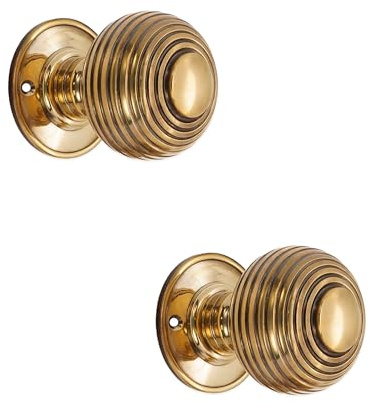 Infinity Decor Vintage Style Reeded Beehive Mortice Door Knobs Set Round Aged Brass 60mm Pull Handles Pair - Ideal for Interior and Exterior Use