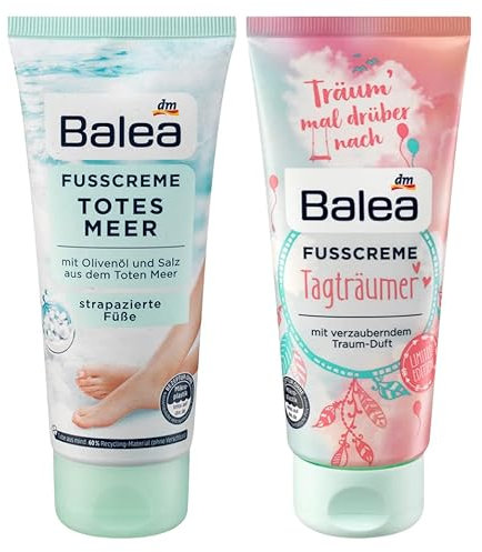 Balea 2er-Set Fußpflege: Fußcreme TOTES MEER mit Olivenöl & Salz für strapazierte Füße (100 ml) + Fußcreme TAGTRÄUMER mit Sheabutter & Cocosöl (100 ml), 200 ml