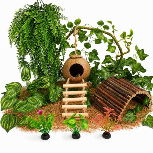 RUNANIA Crested Gecko Tank Accessories，Reptile Vines Plants with Coconut Shell Ladder Hideout Hermit Crab Decor for Leopard Gecko Bearded Dragon Lizard Chameleon Tortoise Snake