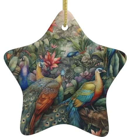 Aquarell Pfauen Blumen Weihnachtsschmuck Weihnachtsschmuck Weihnachtsbaum Hängende Ornamente, sternförmige Keramik Festliches Andenken Geschenk für Weihnachtsdekorationen Urlaub Home Party