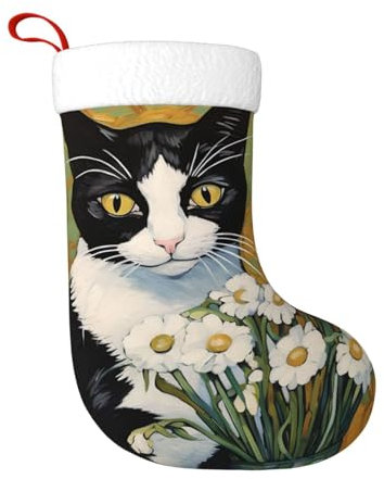 cfpolar Gänseblümchen Blumen Schwarze Katze Weihnachtsstrümpfe 45 cm, Weihnachtsbaum Hängende Strumpf Weihnachtsdekorationen Ornamente Strumpf Klassischer Geschenkhalter für Famliy Home Party Urlaub