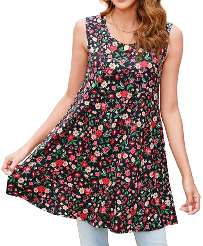 Enmain Canotta Donna Estiva Lunga Elegante Canottiera Top Magliette Donna Senza Maniche Taglie Forti Floreale Casual Tunica Maglia Scollo U Nera L