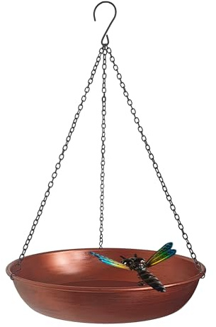 Keygift Vogeltränke zum Aufhängen, für den Außenbereich, 27,9 cm, antikes Kupfer, niedlich, kleine Metall-Vogeltränke mit Abnehmbarer schwarzer Kette, Metall-Libellen für Garten, Hinterhof-Dekoration | Wasserschale zum Aufhängen, 27,9 cm, für Vögel im Freien, abnehmbare, rostfreie schwarze Kette und Metalllibelle