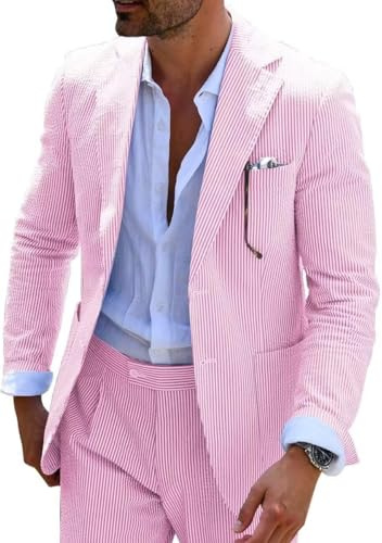 Mrbuerly Men's Seersucker Suit 2 Piece Pink Striped Summer Suit Sets M