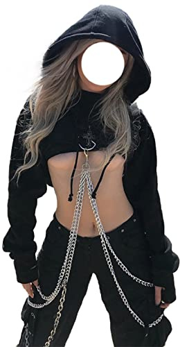 YINGWIN goth huvtröja med byxkedja crop tops långärmad skjorta damer gotiska kläder damer, svart, L