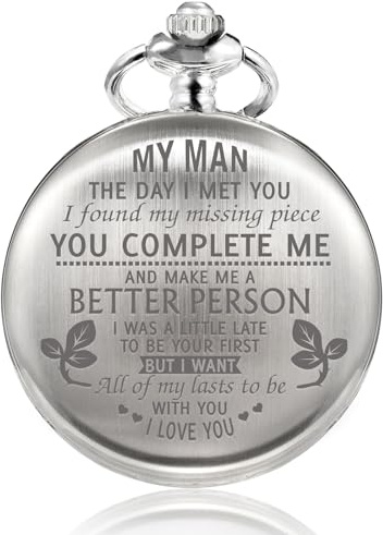 TREEWETO Engraved Silver Pocket Watch for Boyfriend My Man Fiancé Husband Customized Personalized Fob Watches for Men Birthday Anniversary Personalized Watch