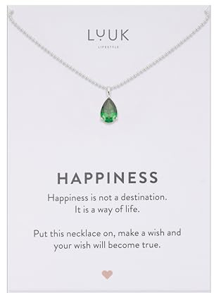LUUK LIFESTYLE Zirkonia Kristall Halskette, Schwarz|Lila|Rosa|Grün|Rot Edelstein, Kunststein, Geburtstein, Edelstahl Kette, 50cm verstellbar, wasserfest, Geschenk für Sie, mit HAPPINESS Spruchkarte