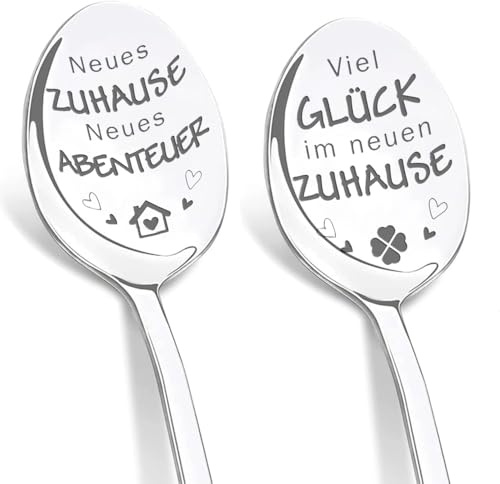 Einzugsgeschenke Wohnung für Frauen Männer - 2 Stück Kaffeelöffel mit Gravur für Einweihungsgeschenk, Neues Zuhause oder Neues Haus, Geschenk zum Einzug
