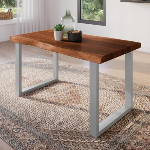 trelevo Esszimmertisch 140x80 cm, Akazienholz massiv, Tischplatte nussbaumfarben, echte Baumkante, U-Gestell Silber, Baumkantentisch