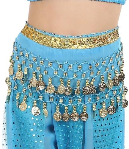 HESHUYAN Bauchtanz HüFttuch Metall Münzen Kind Taille Kette Hüfttuch Kind Bauchtanz Tanz Gürtel for Kinder Gürtel Kette Bauchtanz KostüM Damen(Sky Blue)