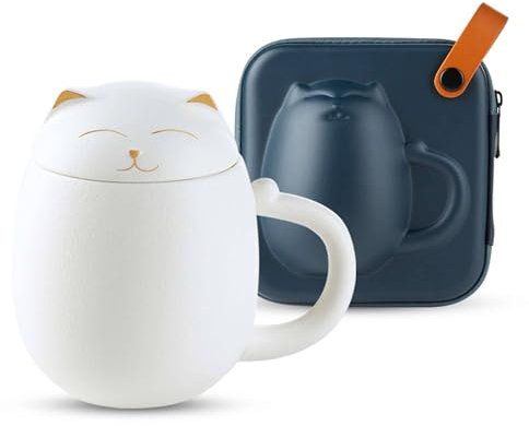 Ceramic Porcelain/Tea Cup with Loose Leaf Infuser, Creative Lucky Cat Tea Infuser Mug with Lid, 350ml, Portable Tea Mug with Lid-White-400ml/14oz